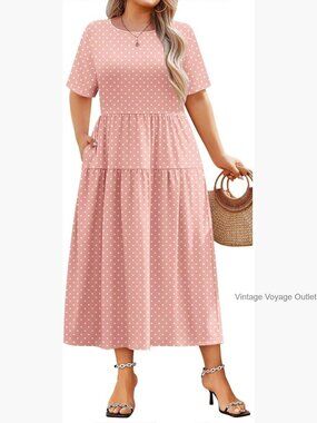 Plus Size Maxi Dress with Pockets Bohemian Short Sleeve Flowy Loose Beach Swing